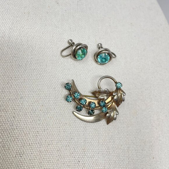 Vintage Silver-Tone Brooch & Earring Set Aqua Stones Leaves Floral Spray‎ Retro - Picture 3 of 11